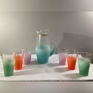 Blendo Vintage Frosted Pitcher Glasses Set 7-Piece Rainbow MCM Barware